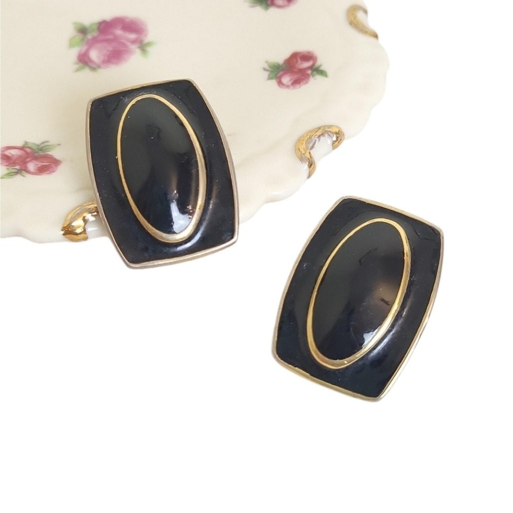 Vintage Monet Square Black Gold Clip On Earrings